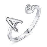 PEARLOVE Anillo de letra para mujer y niña, plata de ley 925, ajustable con iniciales abiertas para mujeres, anillos apilables del alfabeto de la A a la Z, plata de ley