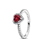 Pandora Timeless Anillo con diseño de corazón de plata de ley con cristal rojo cereza jubileo y circonitas cúbicas transparentes, talla 58