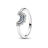 Pandora Moments Celestial Anillo con diseño de luna centelleante de plata de ley con cristal azul noche y circonitas cúbicas transparentes, talla 50